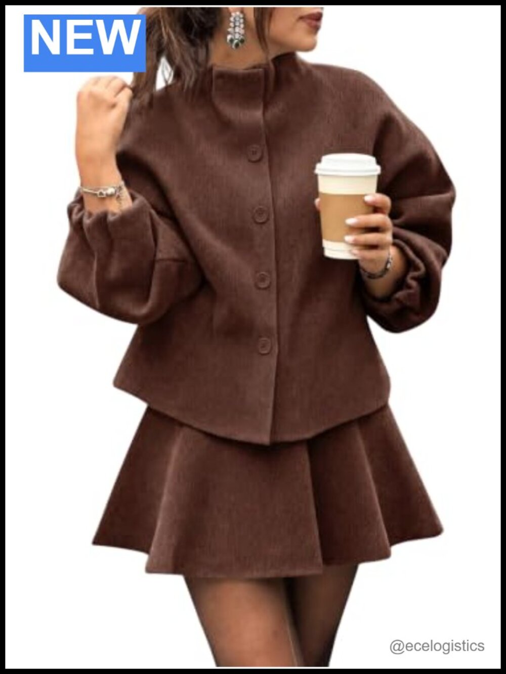 2 Piece Knit Skirt Set Puff Sleeve Mock Neck Sweater Top Fall Winter Outfit
